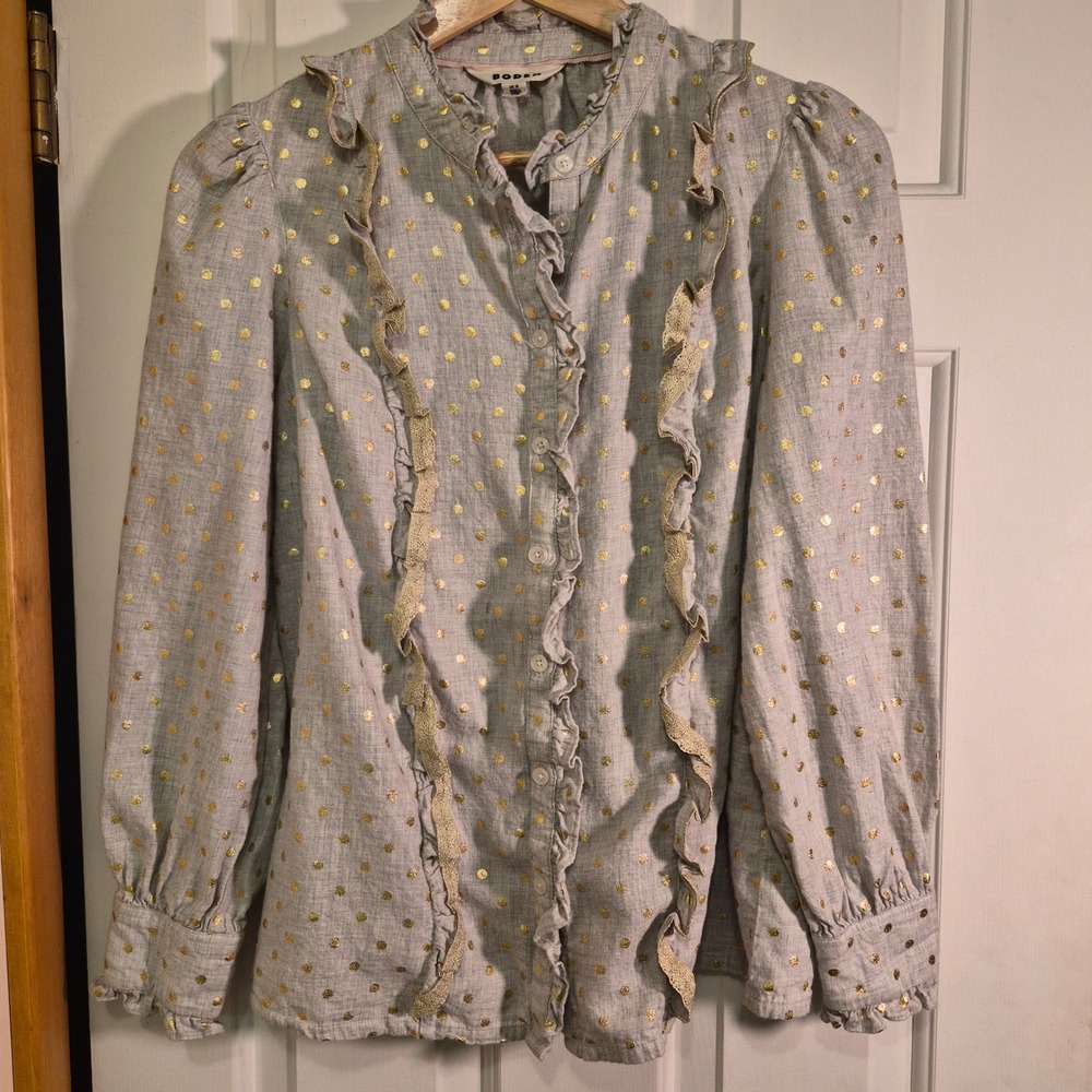 Boden Grey Gold Metallic Polka Dot Ruffle Button Down Blouse Top Womens 12 T1711